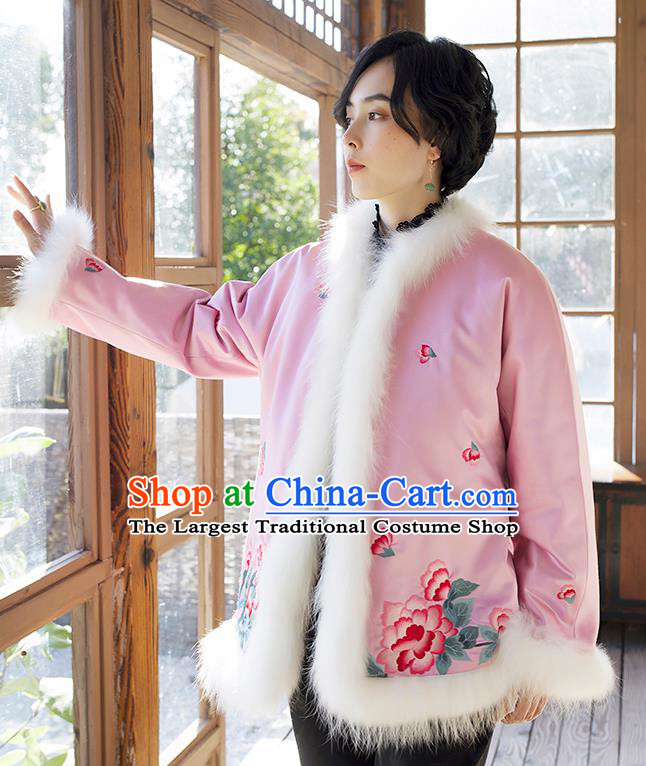 Chinese Winter Cotton Padded Jacket Traditional National Clothing Women Outer Garment Embroidered Pink Silk Coat