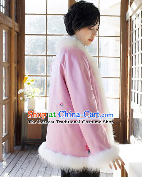 Chinese Winter Cotton Padded Jacket Traditional National Clothing Women Outer Garment Embroidered Pink Silk Coat