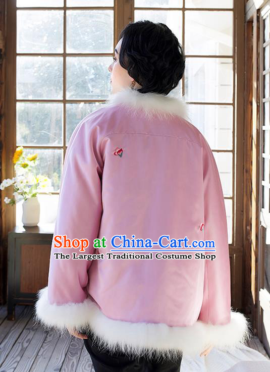 Chinese Winter Cotton Padded Jacket Traditional National Clothing Women Outer Garment Embroidered Pink Silk Coat