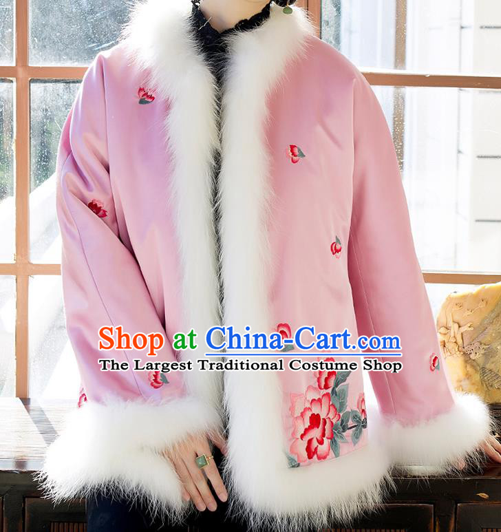 Chinese Winter Cotton Padded Jacket Traditional National Clothing Women Outer Garment Embroidered Pink Silk Coat