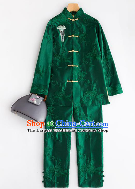 Chinese Traditional National Clothing Women Outer Garment Embroidered Silk Coat Embroidery Peony Deep Green Silk Jacket