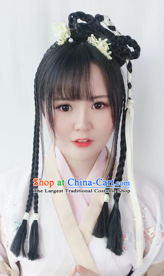 Chinese Song Dynasty Village Girl Hairpiece Quality Wig Sheath China Ancient Cosplay Swordswoman Huang Rong Braid Wigs Hair Clasp