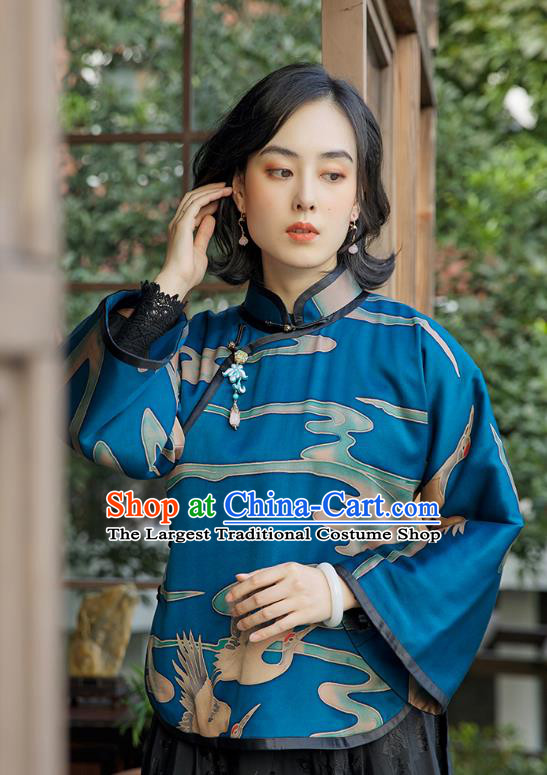 Chinese Deep Blue Cotton Padded Coat National Clothing Traditional Outer Garment Women Silk Jacket