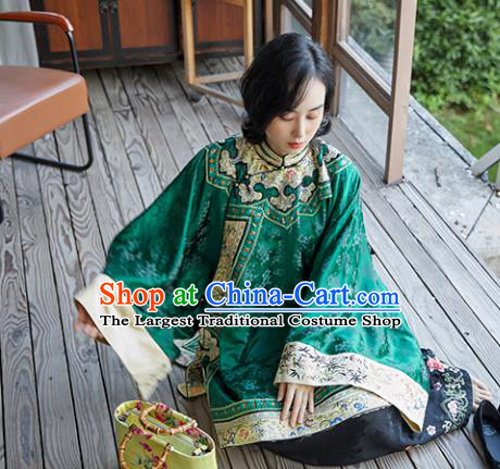 Chinese Qing Dynasty Green Silk Blouse National Clothing Traditional Ancient Court Women Outer Garment