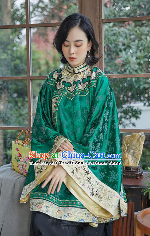 Chinese Qing Dynasty Green Silk Blouse National Clothing Traditional Ancient Court Women Outer Garment