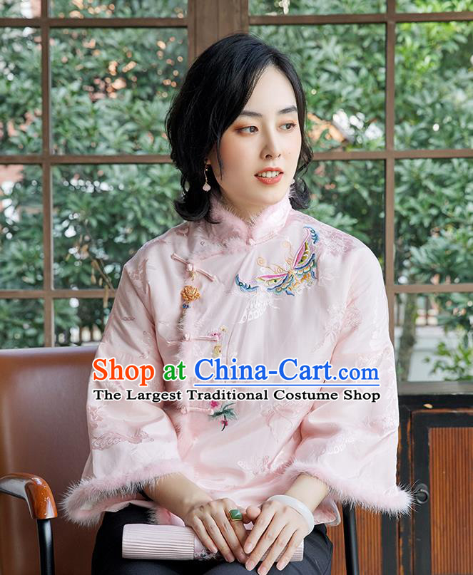 Chinese National Clothing Traditional Women Outer Garment Embroidered Pink Cotton Padded Jacket