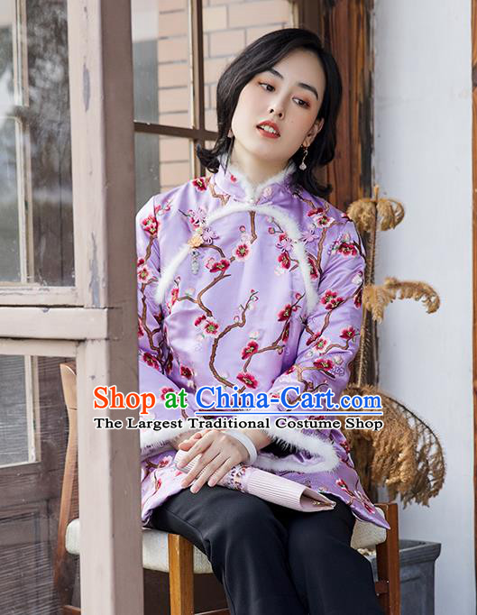 Chinese Traditional Costume Embroidered Plum Blossom Lilac Cotton Padded Jacket National Clothing Women Silk Outer Garment