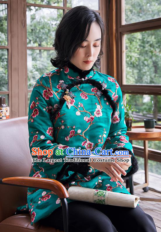 Chinese Embroidered Plum Blossom Green Cotton Padded Jacket National Women Silk Outer Garment Traditional Costume