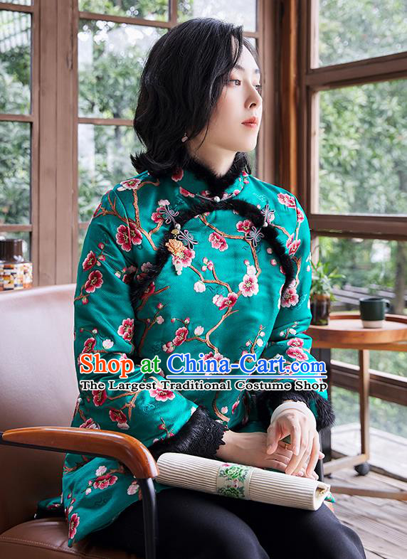 Chinese Embroidered Plum Blossom Green Cotton Padded Jacket National Women Silk Outer Garment Traditional Costume