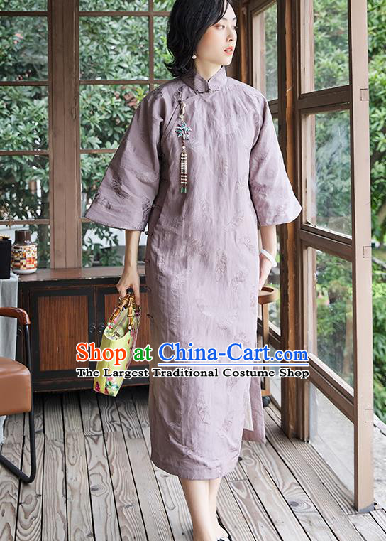 China National Clothing Traditional Women Winter Violet Cheongsam Classical Cotton Padded Qipao Dress