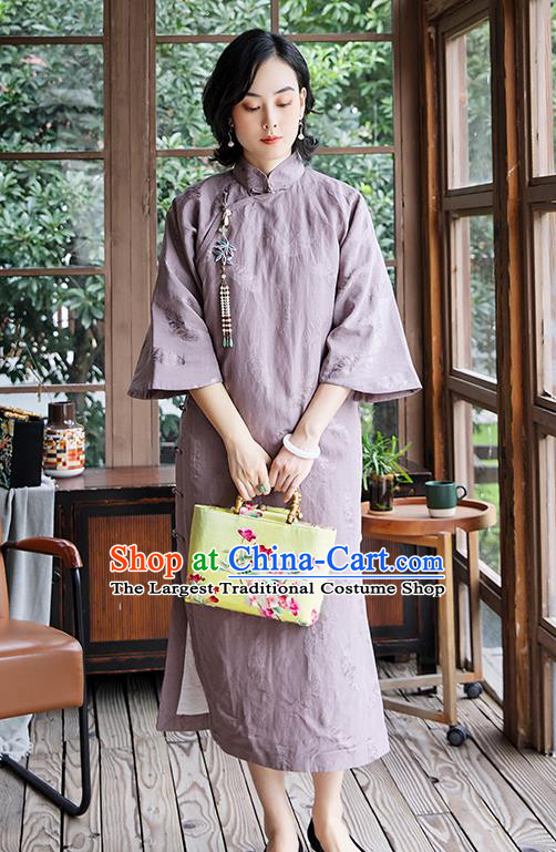 China National Clothing Traditional Women Winter Violet Cheongsam Classical Cotton Padded Qipao Dress