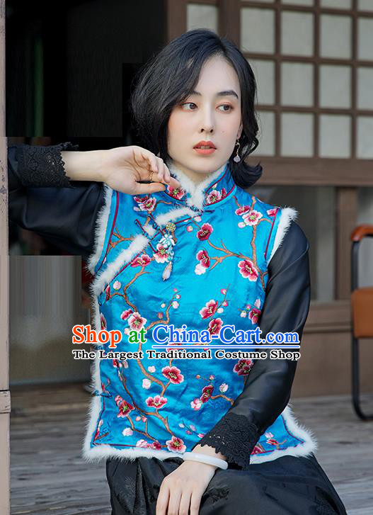 China Traditional Embroidered Plum Blue Vest Women Qipao Upper Outer Garment National Clothing Classical Cheongsam Silk Waistcoat