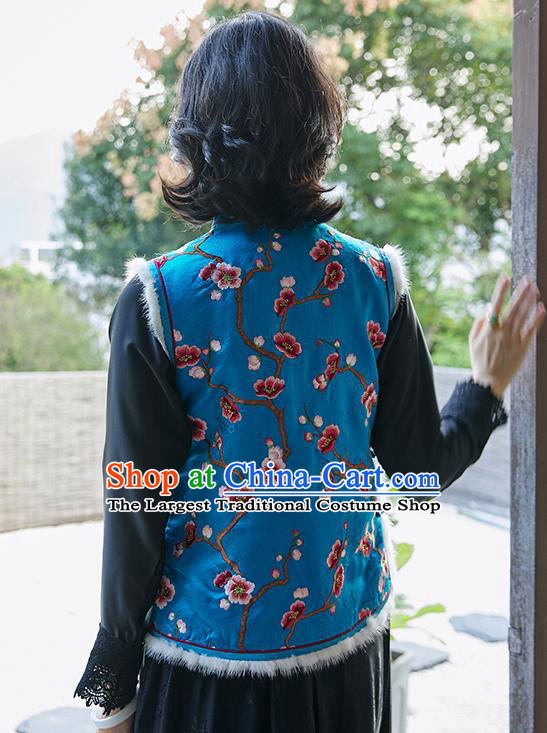 China Traditional Embroidered Plum Blue Vest Women Qipao Upper Outer Garment National Clothing Classical Cheongsam Silk Waistcoat