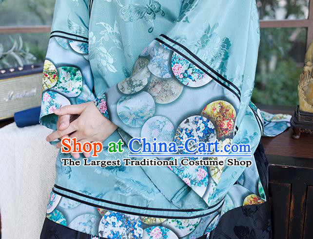 Chinese Tang Suit Embroidered Blue Blouse Qing Dynasty Women Outer Garment Traditional Court Costume