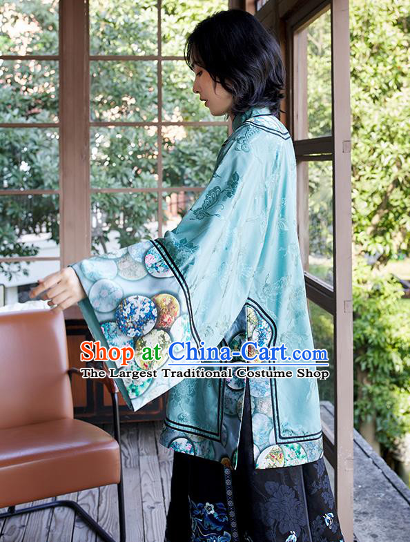 Chinese Tang Suit Embroidered Blue Blouse Qing Dynasty Women Outer Garment Traditional Court Costume