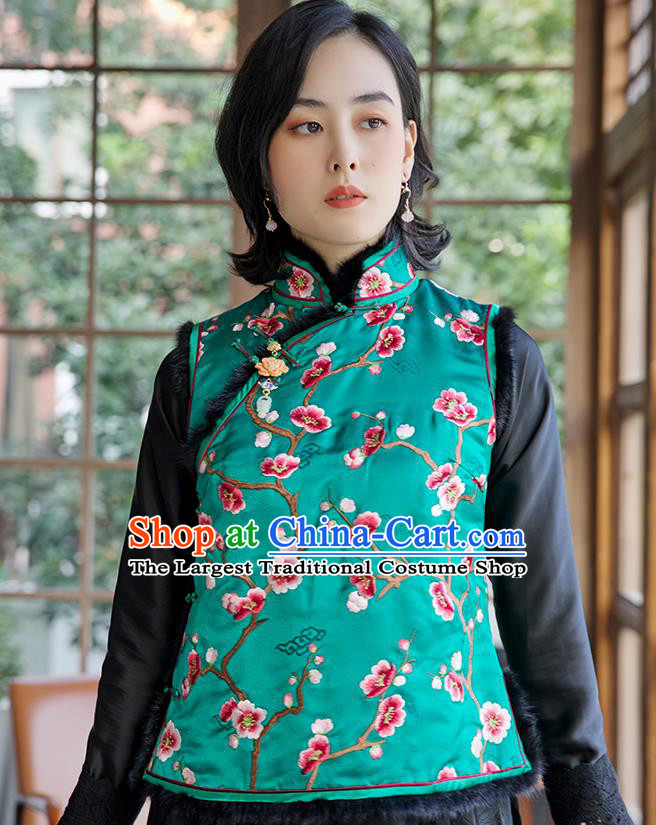 China Traditional Women Qipao Upper Outer Garment National Clothing Classical Cheongsam Silk Waistcoat Embroidered Plum Green Vest