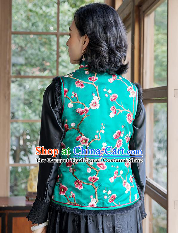 China Traditional Women Qipao Upper Outer Garment National Clothing Classical Cheongsam Silk Waistcoat Embroidered Plum Green Vest