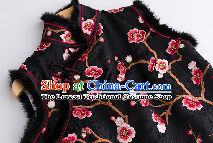 China Classical Embroidered Plum Black Silk Vest National Clothing Traditional Women Upper Outer Garment