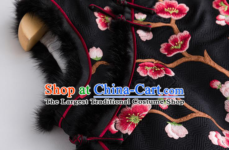 China Classical Embroidered Plum Black Silk Vest National Clothing Traditional Women Upper Outer Garment