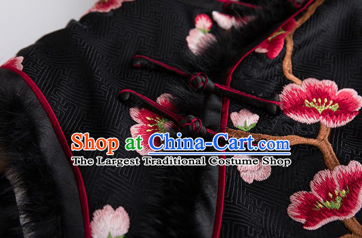 China Classical Embroidered Plum Black Silk Vest National Clothing Traditional Women Upper Outer Garment