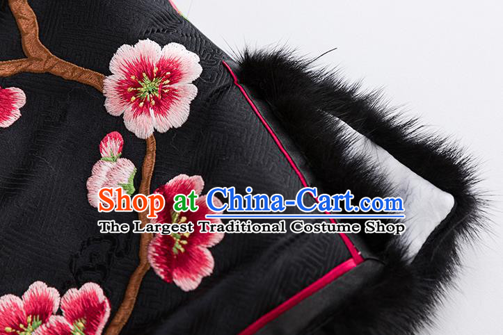 China Classical Embroidered Plum Black Silk Vest National Clothing Traditional Women Upper Outer Garment