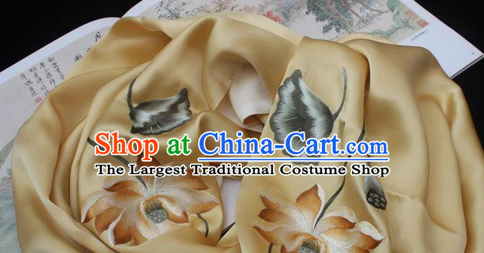 China Traditional Cheongsam Embroidered Lotus Tippet Handmade Yellow Silk Scarf