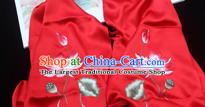 China Traditional Cheongsam Accessories Handmade Suzhou Embroidery Red Silk Scarf Embroidered Lotus Tippet