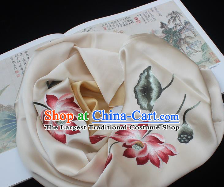 China Embroidered Lotus Beige Silk Tippet Traditional Cheongsam Accessories Handmade Suzhou Embroidery Scarf