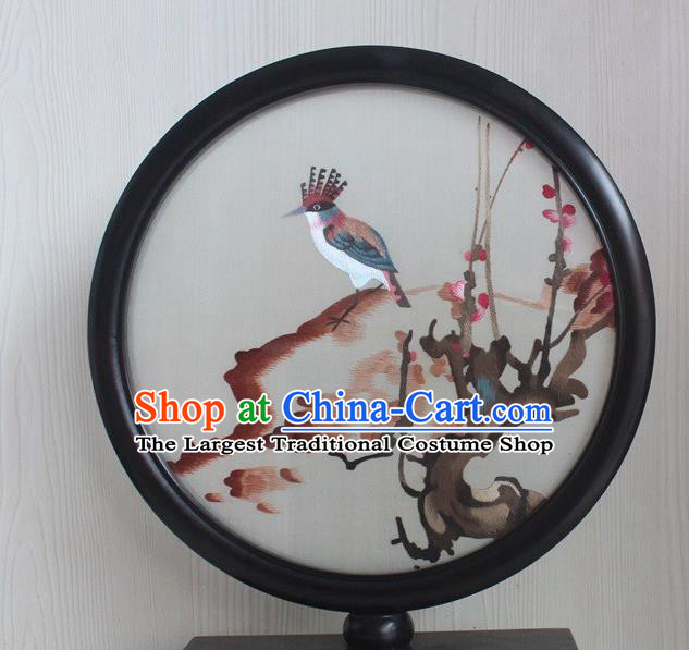 China Traditional Embroidery Plum Bird Craft Rosewood Table Decoration Handmade Round Desk Screen