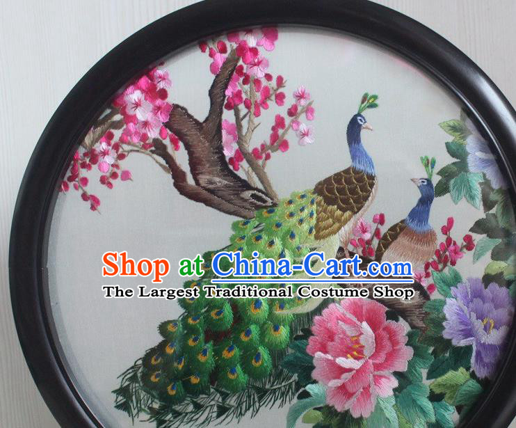 China Handmade Round Desk Screen Traditional Embroidery Peacock Peony Craft Rosewood Table Decoration