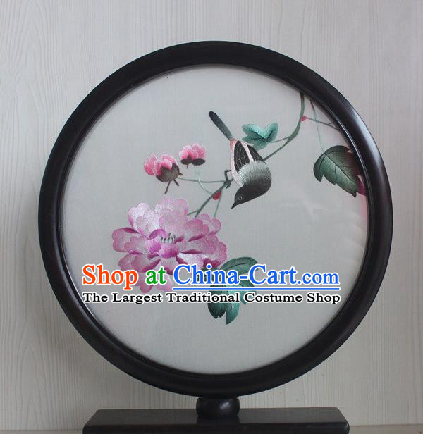 China Double Side Suzhou Embroidered Craft Traditional Rosewood Table Decoration Handmade Embroidery Peony Desk Screen