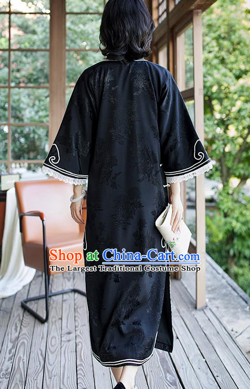 China Traditional Embroidered Black Qipao Women Classical Dress Clothing Wide Sleeve Cheongsam