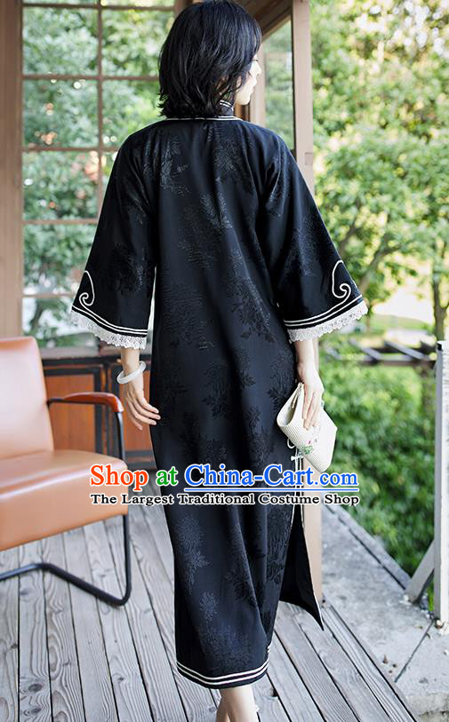 China Traditional Embroidered Black Qipao Women Classical Dress Clothing Wide Sleeve Cheongsam