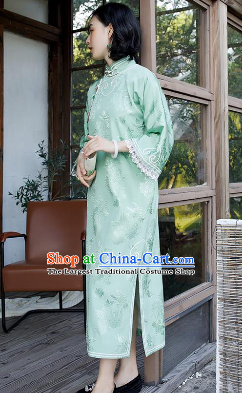 China Women Classical Dress Clothing Wide Sleeve Cheongsam Traditional Embroidered Light Green Qipao