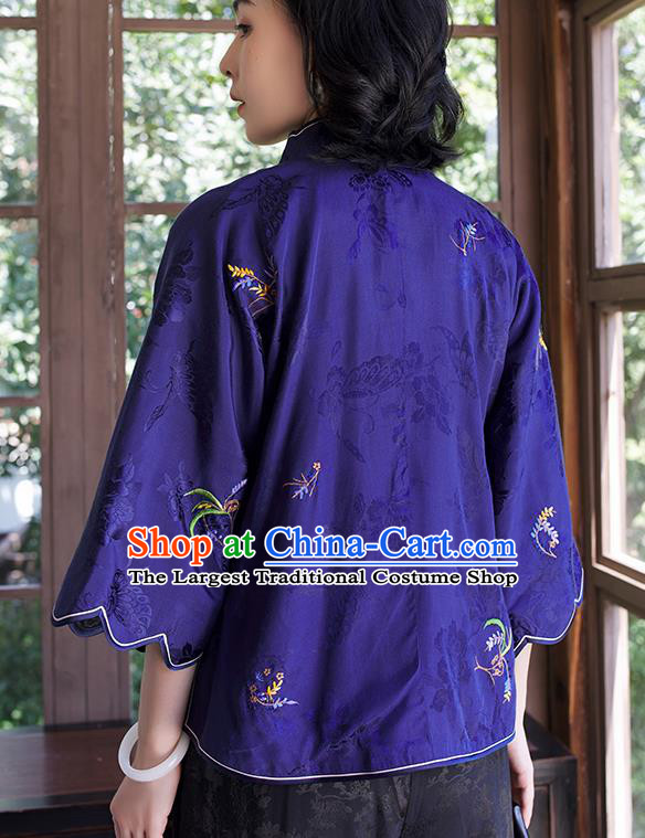 Chinese Women Upper Outer Garment Traditional Costume Embroidered Royalblue Shirt Tang Suit Silk Blouse