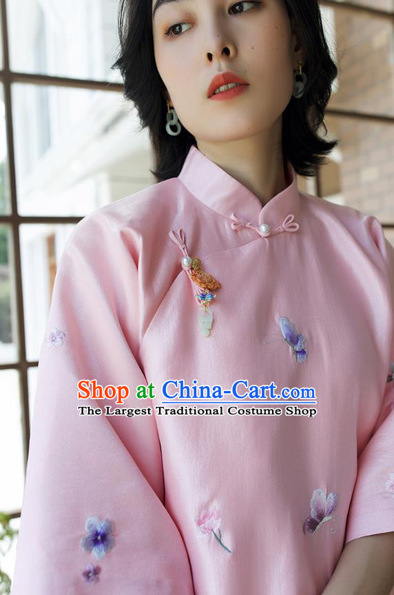 Chinese Traditional Embroidered Pink Shirt Tang Suit Blouse Women Upper Outer Garment Costume
