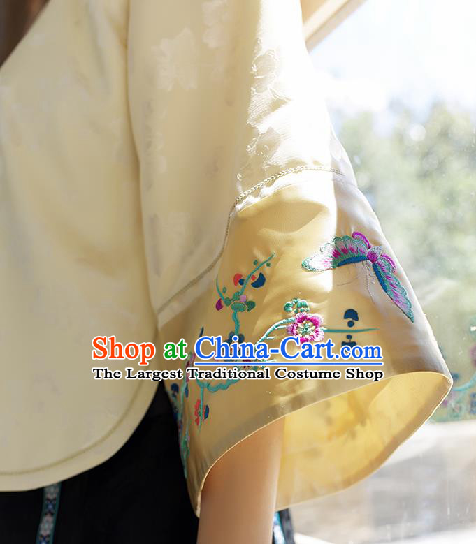 Chinese Traditional Embroidered Light Yellow Shirt Women Upper Outer Garment Tang Suit Blouse Costume