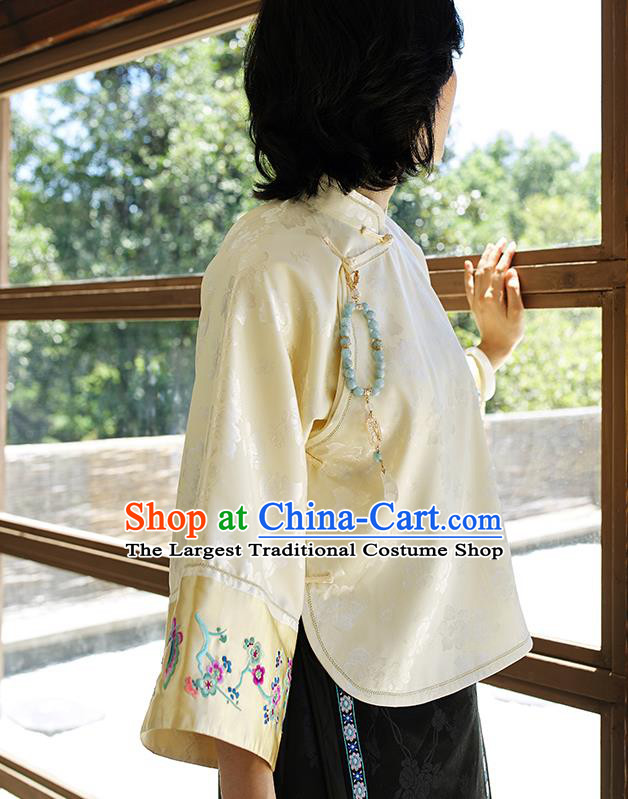 Chinese Traditional Embroidered Light Yellow Shirt Women Upper Outer Garment Tang Suit Blouse Costume