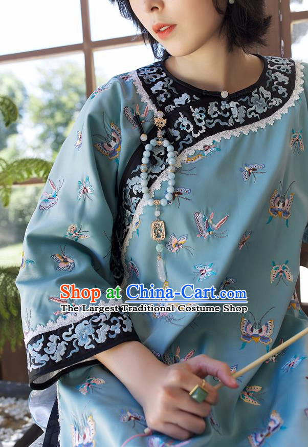 Chinese Traditional Qing Dynasty Women Upper Outer Garment Tang Suit Blouse Costume Embroidered Butterfly Blue Shirt
