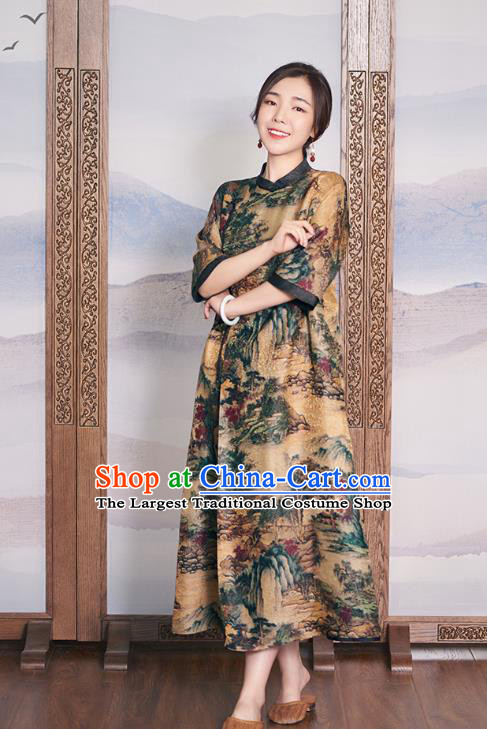 China Women Ginger Silk Cheongsam National Clothing Traditional Classical Printing Qipao Dress