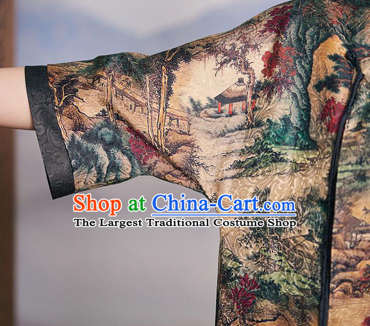 China Women Ginger Silk Cheongsam National Clothing Traditional Classical Printing Qipao Dress