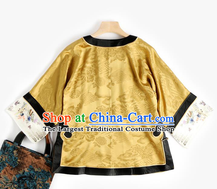 Chinese Tang Suit Shirt Upper Outer Garment Embroidered Yellow Silk Blouse Traditional Qing Dynasty Costume