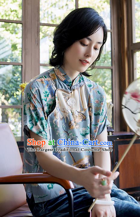 Chinese Tang Suit Upper Outer Garment Traditional Costume Printing Blue Blouse