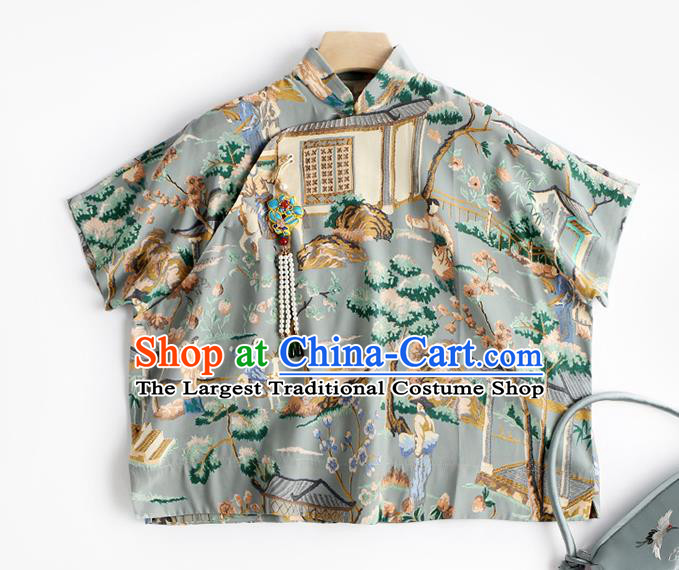 Chinese Tang Suit Upper Outer Garment Traditional Costume Printing Blue Blouse