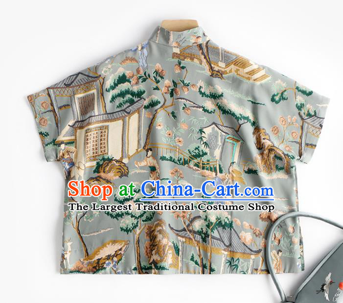 Chinese Tang Suit Upper Outer Garment Traditional Costume Printing Blue Blouse