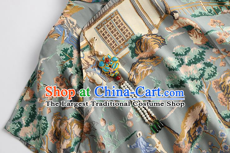 Chinese Tang Suit Upper Outer Garment Traditional Costume Printing Blue Blouse