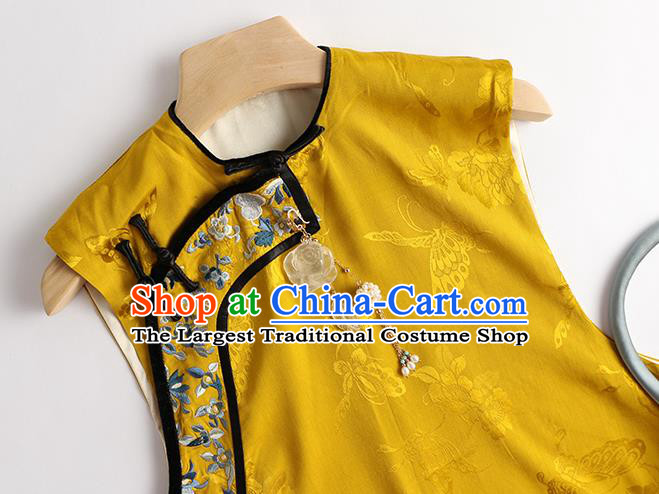 Chinese Traditional Waistcoat Costume Tang Suit Upper Outer Garment Qing Dynasty Yellow Vest