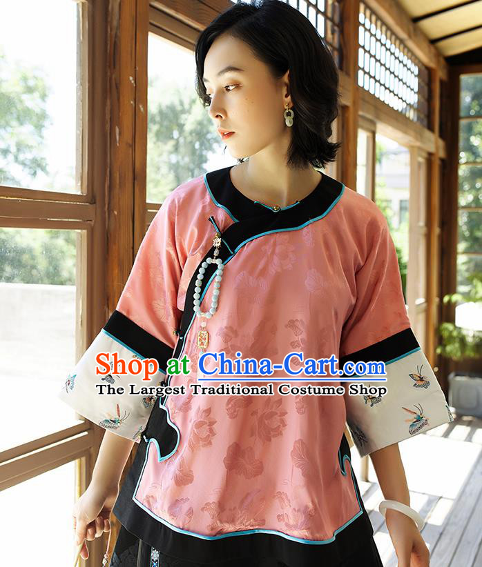 Chinese Traditional Tang Suit Blouse Upper Outer Garment Qing Dynasty Classical Pink Silk Shirt Embroidered Costume