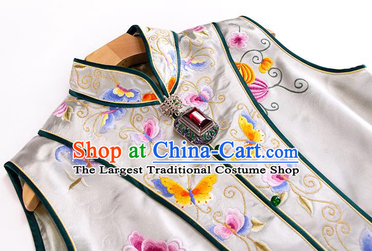 Chinese Traditional Tang Suit Light Green Long Vest Qing Dynasty Classical Embroidered Silk Waistcoat Costume