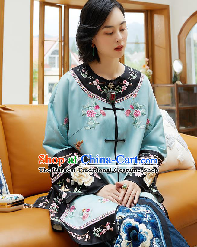 Chinese Classical Embroidered Blue Silk Blouse Tang Suit Costume Traditional Qing Dynasty Women Shirt